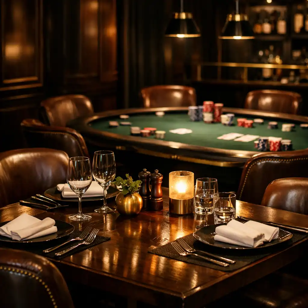 Interiér restaurace s jídelním stolem a náznakem pokerového stolu v pozadí