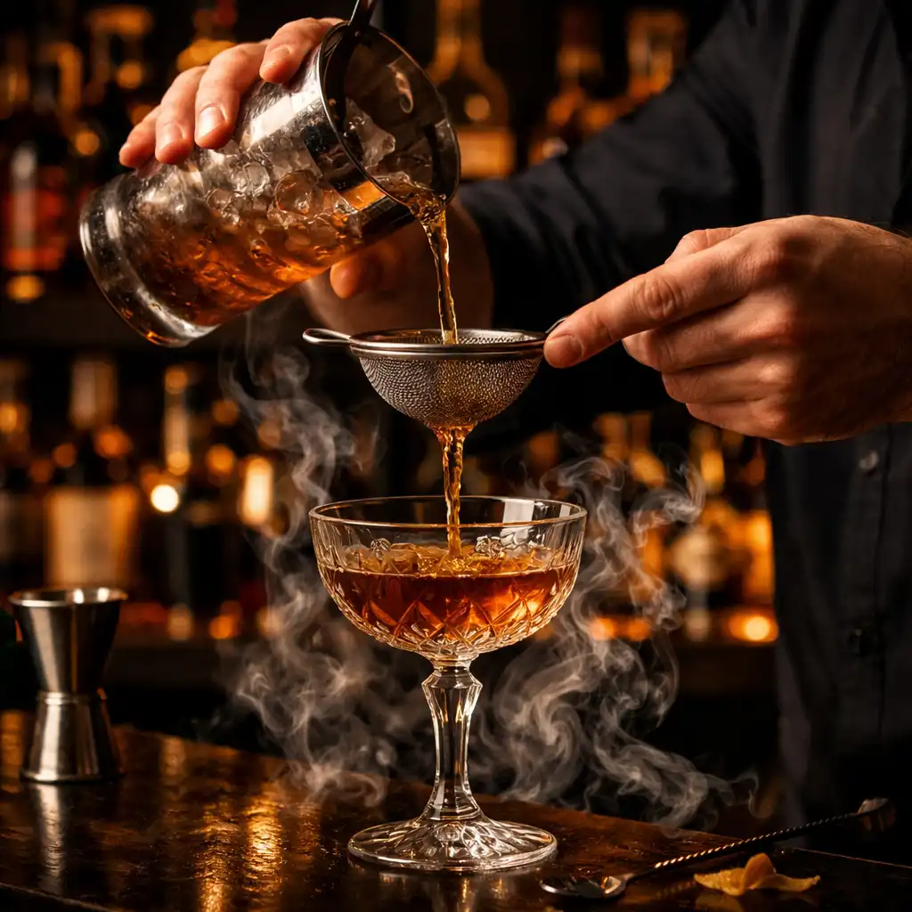 Barman připravuje signature koktejl v luxusním baru s podsvícenými lahvemi