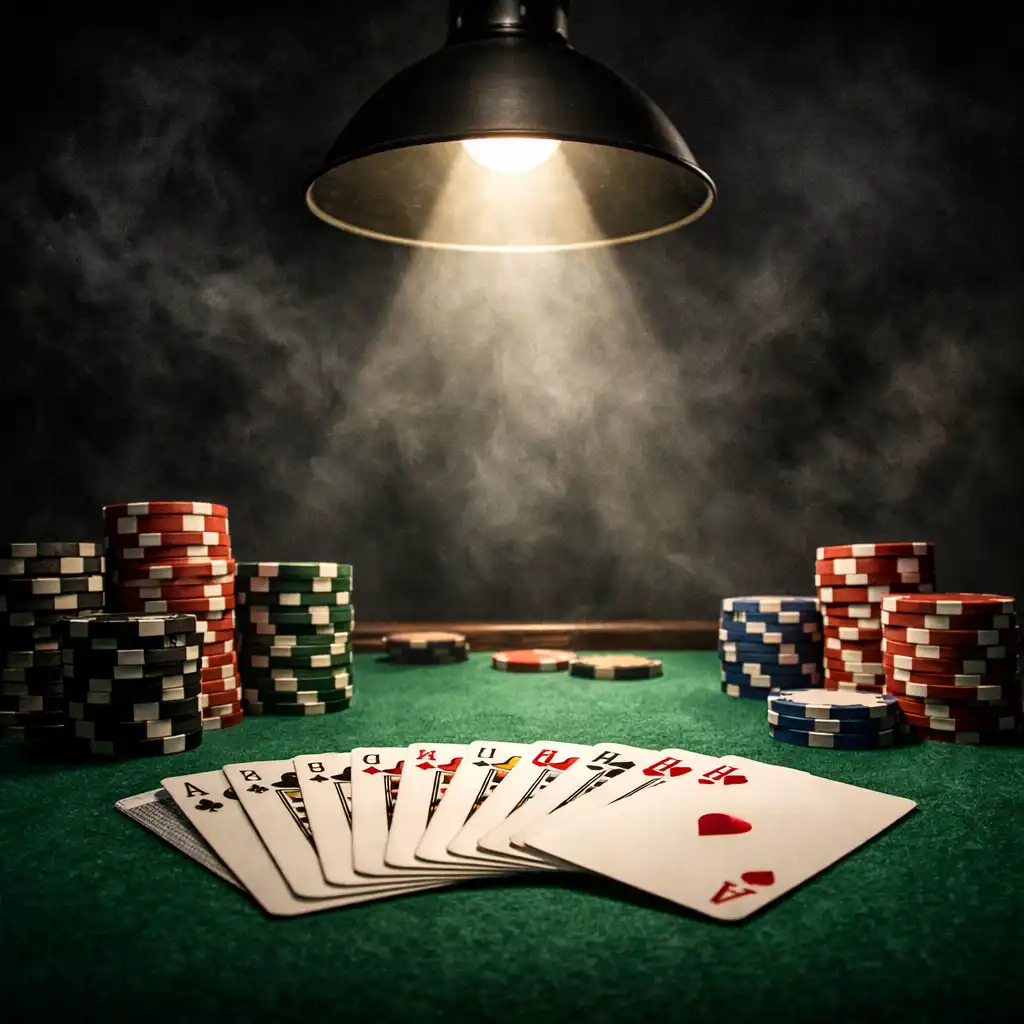 Pohled na pokerový stůl s žetony a kartami pod dramatickým světlem