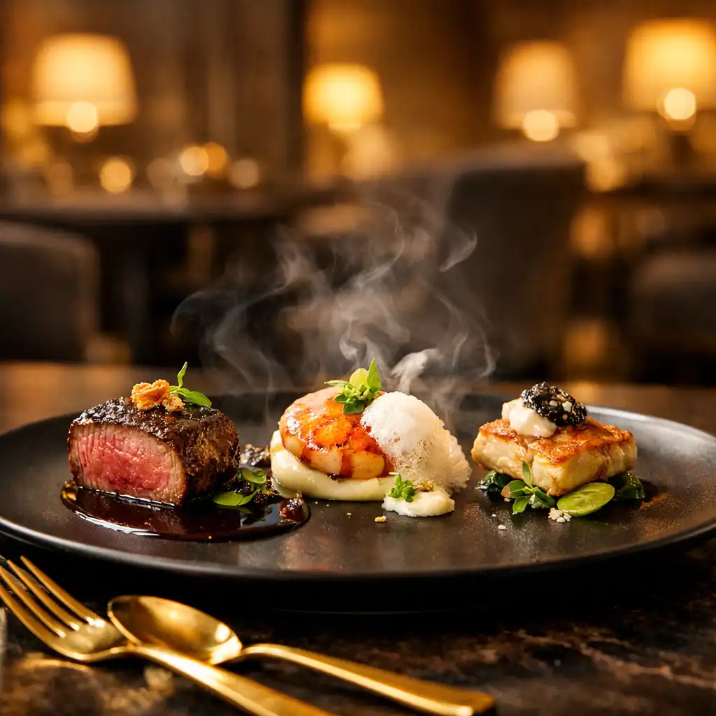 Elegantně naservírovaný chod degustačního menu s jemnou parou