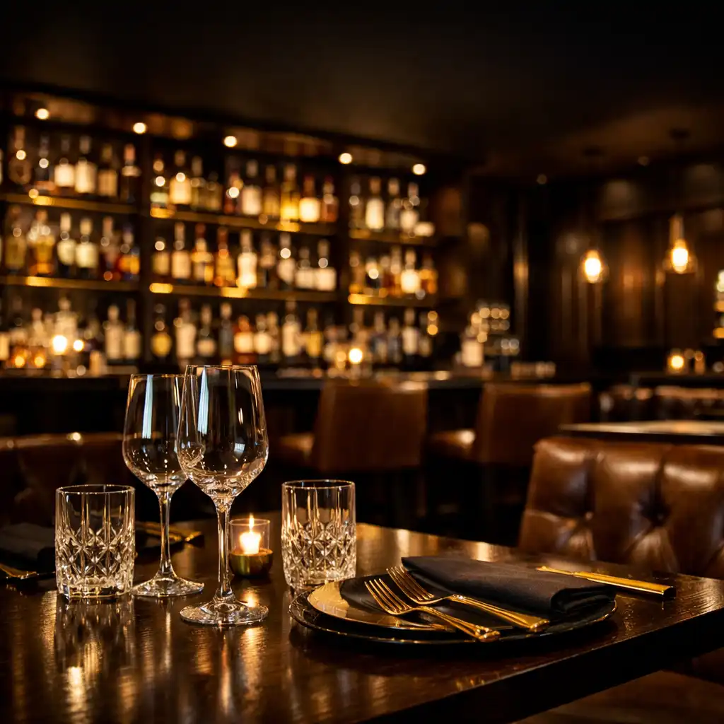 Atmosférický interiér restaurace Ceskes Tolovani s elegantně prostřeným stolem a barem v pozadí