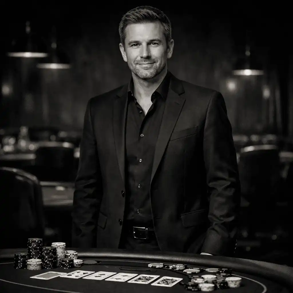 Portrét manažera pokerového salonku Ceskes Tolovani u pokerového stolu