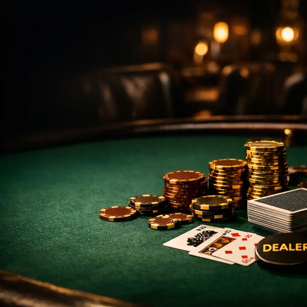 Luxusní pokerový stůl s žetony a kartami v tmavém card lounge