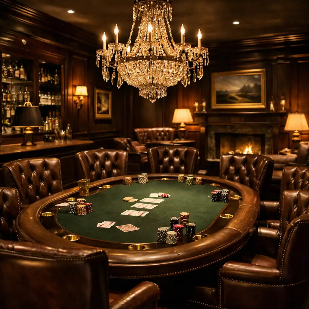 Interiér exkluzivního card lounge s pokerovým stolem a koženými křesly