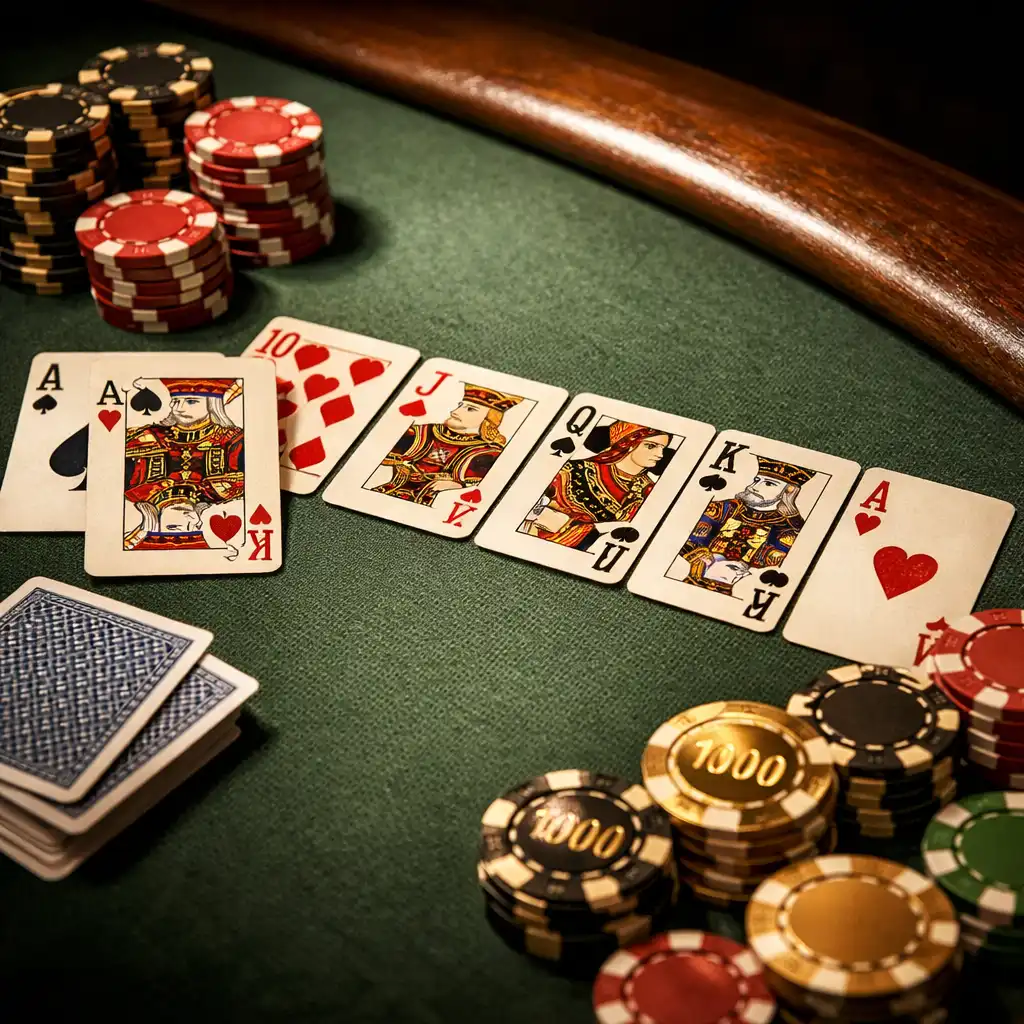 Detail privátního pokerového stolu s kartami a žetony