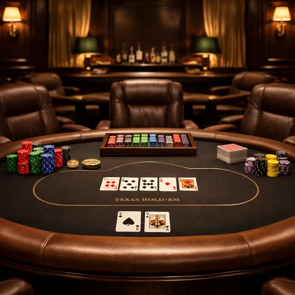 Profesionální pokerový stůl v luxusním card lounge s koženými židlemi a zlatým osvětlením