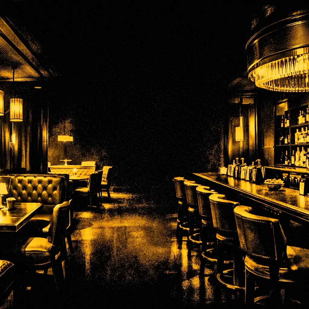 Atmosférický interiér restaurace a baru Ceskes Tolovani s tmavým dřevem, zlatými akcenty a náznakem pokerového stolu