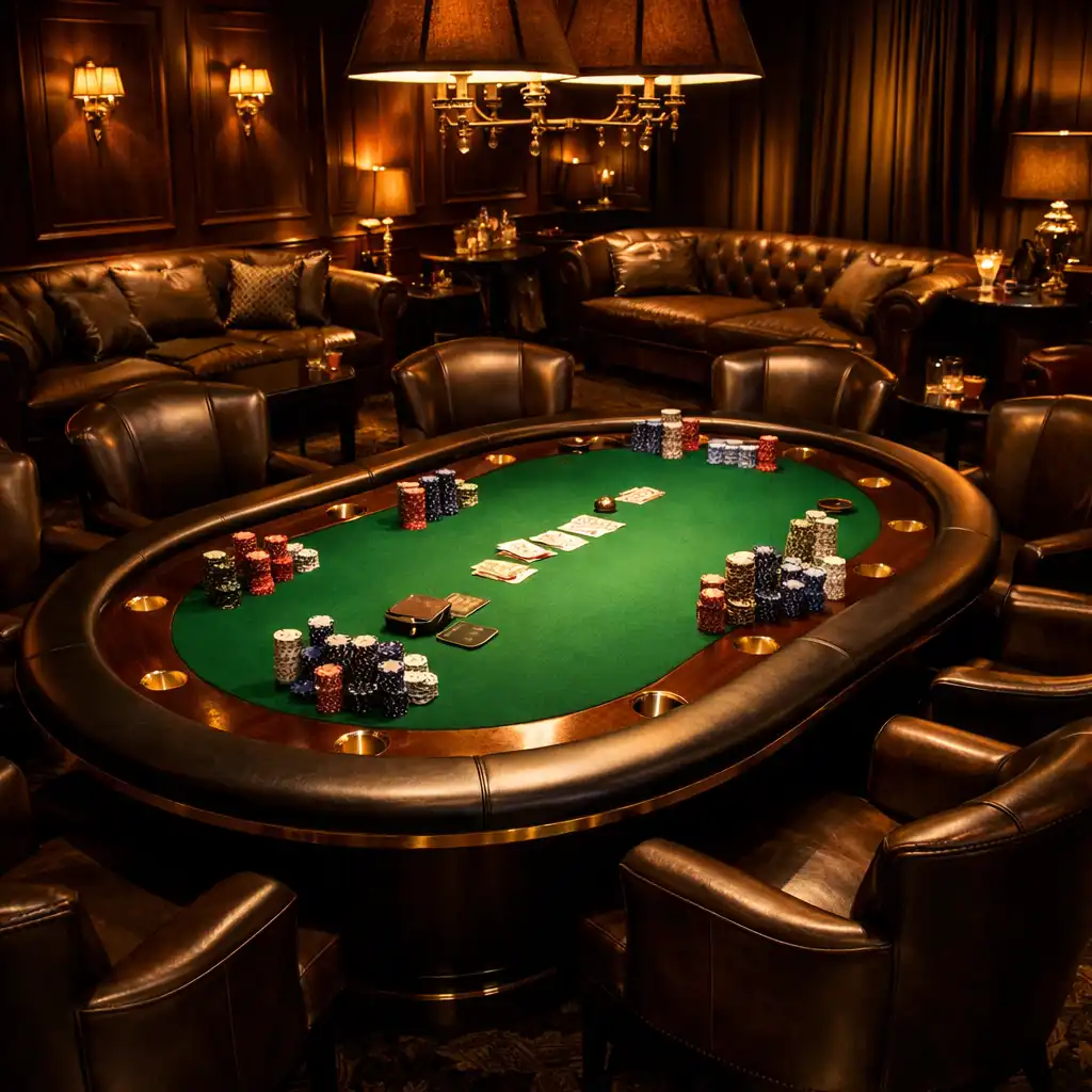 Atmosférický interiér VIP salonku s pokerovým stolem a teplým osvětlením